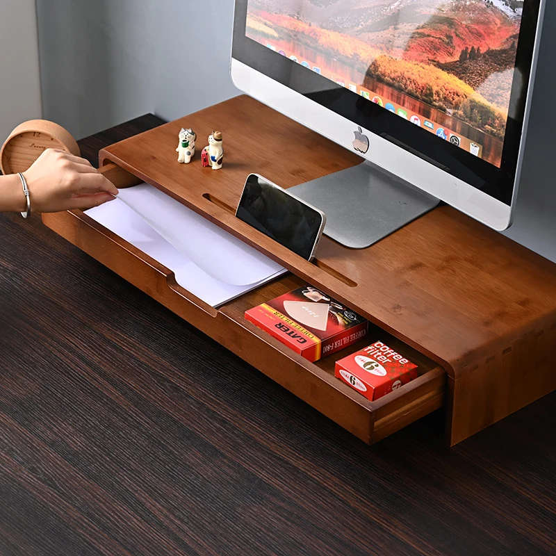 

Desktop Monitor Stand Bamboo Riser for Computer Screen Ergonomic Office Organize with Storage Drawer Laptop Holder for Workspace