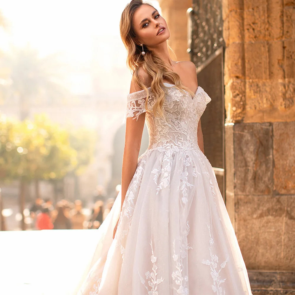 خمر الكرة ثوب الزفاف 2026 قبالة الكتف ثلاثية الأبعاد الزهور الدانتيل زين تول العروس زي العرائس Vestidos De Noiva