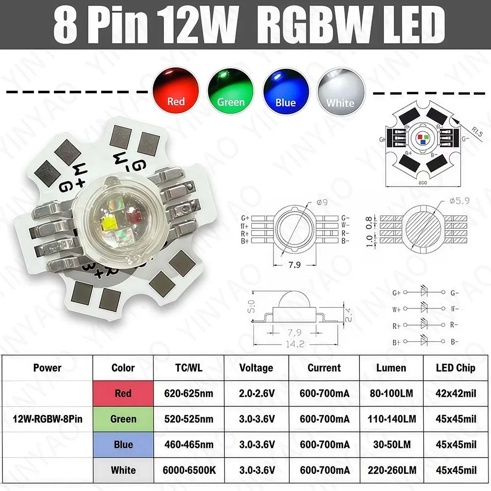 10Pcs LED RGB RGBW RGBWW 3W 9W 12W High Power Bead 4pin 6pin 8pin Chip Lights Beads Installed 20mm Star PCB DIY For Stage Light image 6