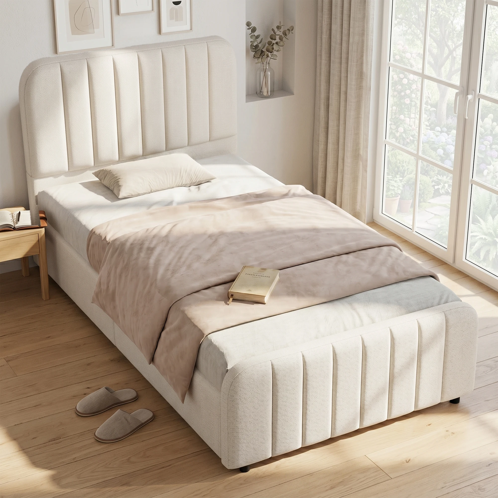 Gepolstertes Bett, Einzelbett, Babybett 90 x 200 cm, hydraulisches Funktionsbett, Bett mit Gitterrost, Kopfteil und großem Stauraum, gepolstertes Kopfteil, Beige, Leinen
