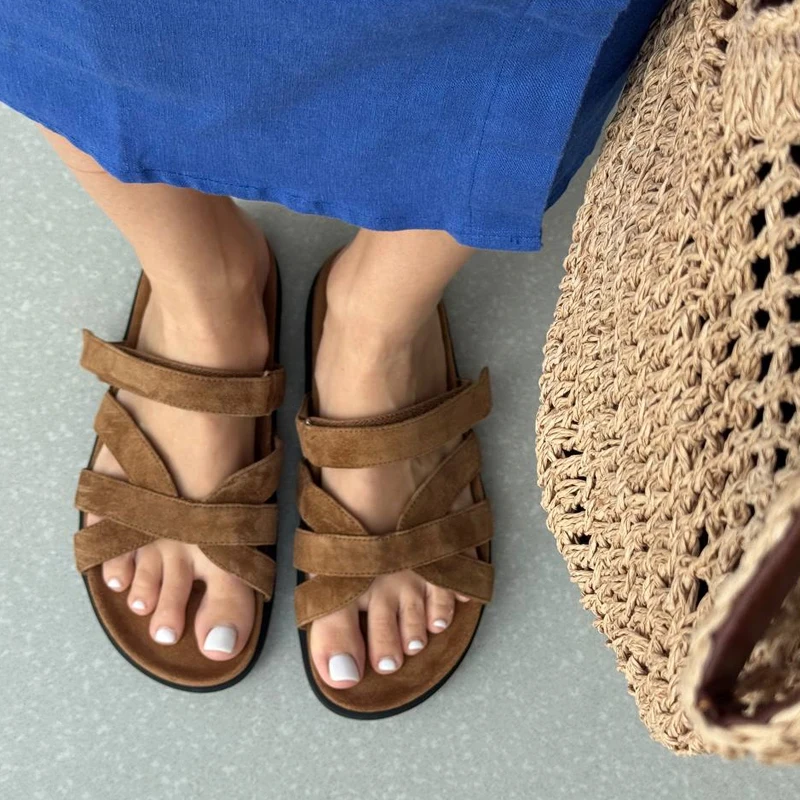 Women's Genuine Leather Flat Slide Sandals for Summer