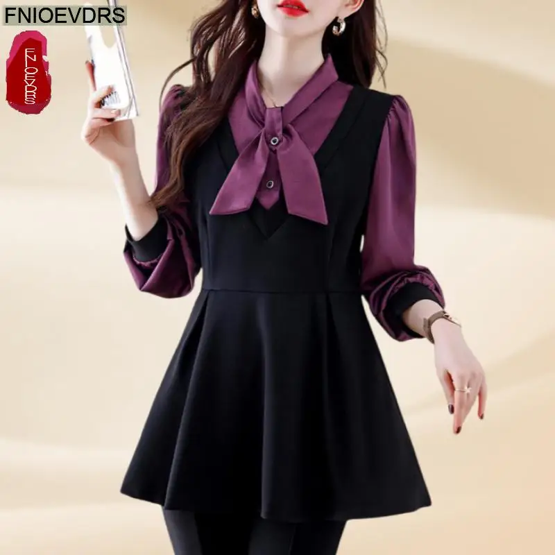 

Свободная одежда для женщин, весна-осень 2022, офисная женская блузка с длинным рукавом и галстуком-бабочкой, фиолетовая ретро винтажная женская рубашка, туника, топы с баской