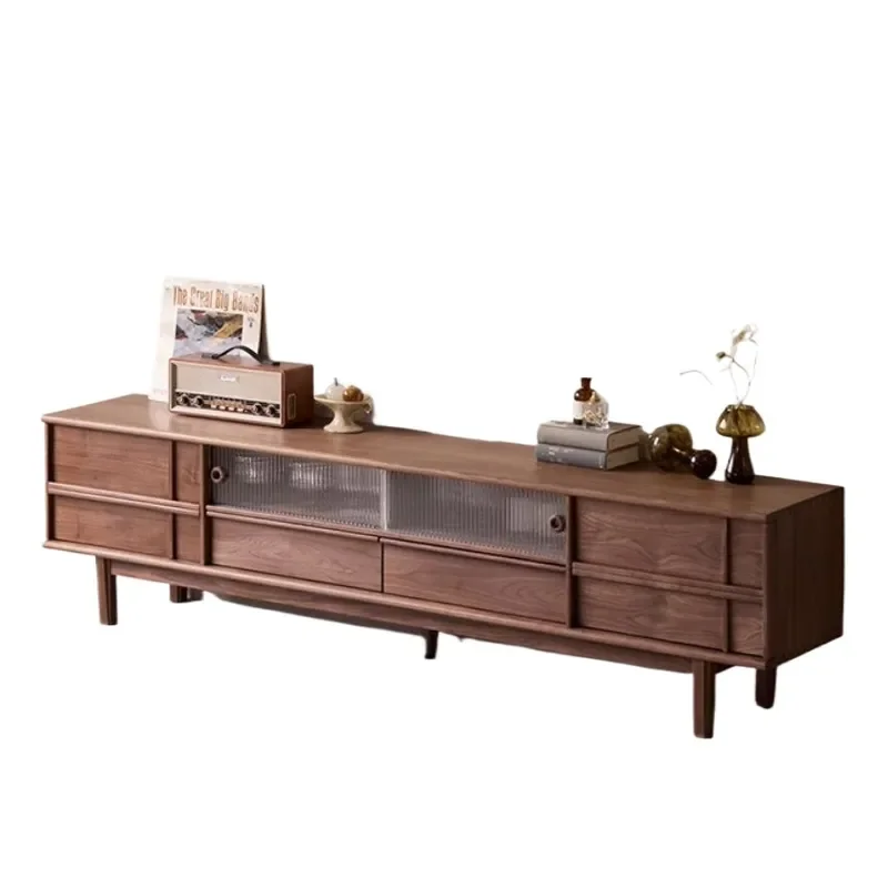 North American Black Walnut Solid Wood TV Cabinet Living Room Cherry Wood Storage Floor Cabinet Antique Style One Word Design