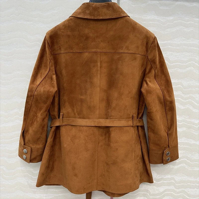 Abrigo de mujer de alta calidad, forro de piel de cabra de piel de ante, bolsillo cargo con cinturón en la cintura, chaqueta de ropa de marca de lujo 25923124