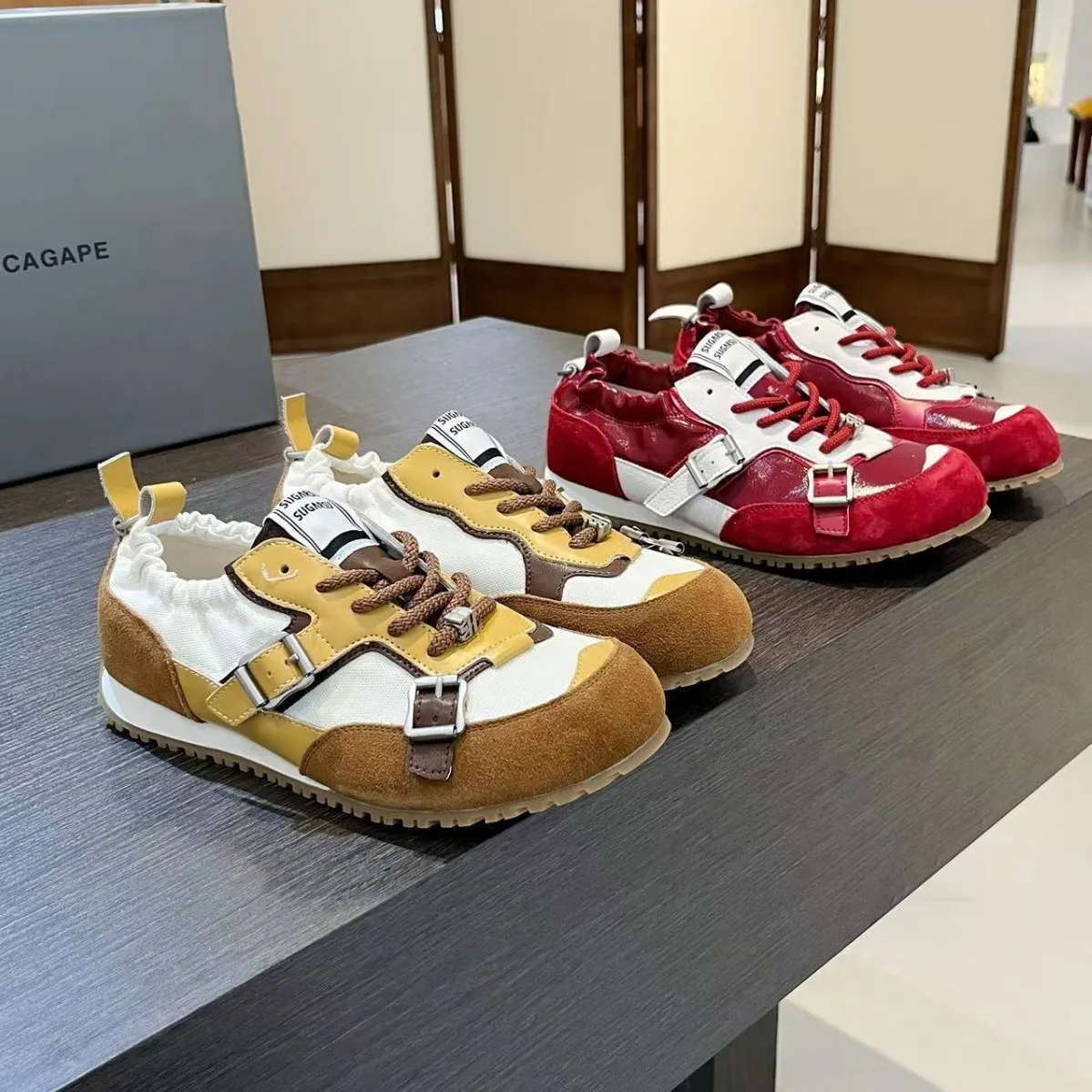 

Adult Girls Retro Red Interior Height Increasing German Training Shoes Women New Casual Color Blocking Buckle Sports Shoes