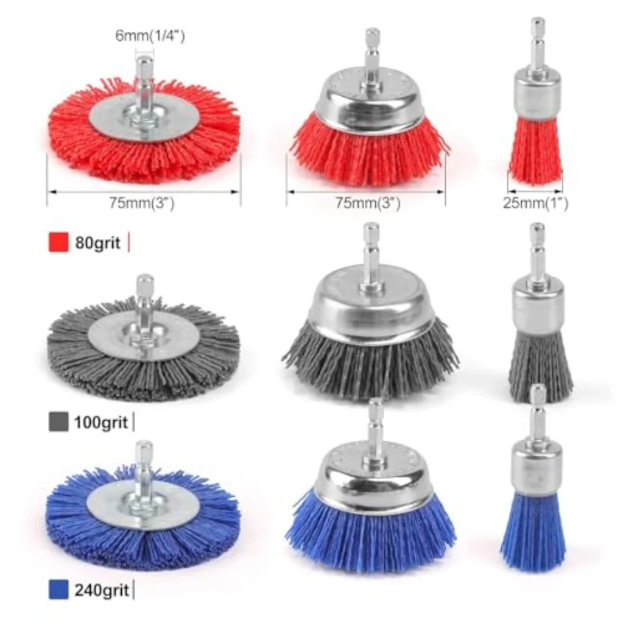 Nylon Filament Brush 9 Pack, Abrasive Wire Brush Wheel and Cup Brush Set, Drill Bit Sanding Brush with 1/4