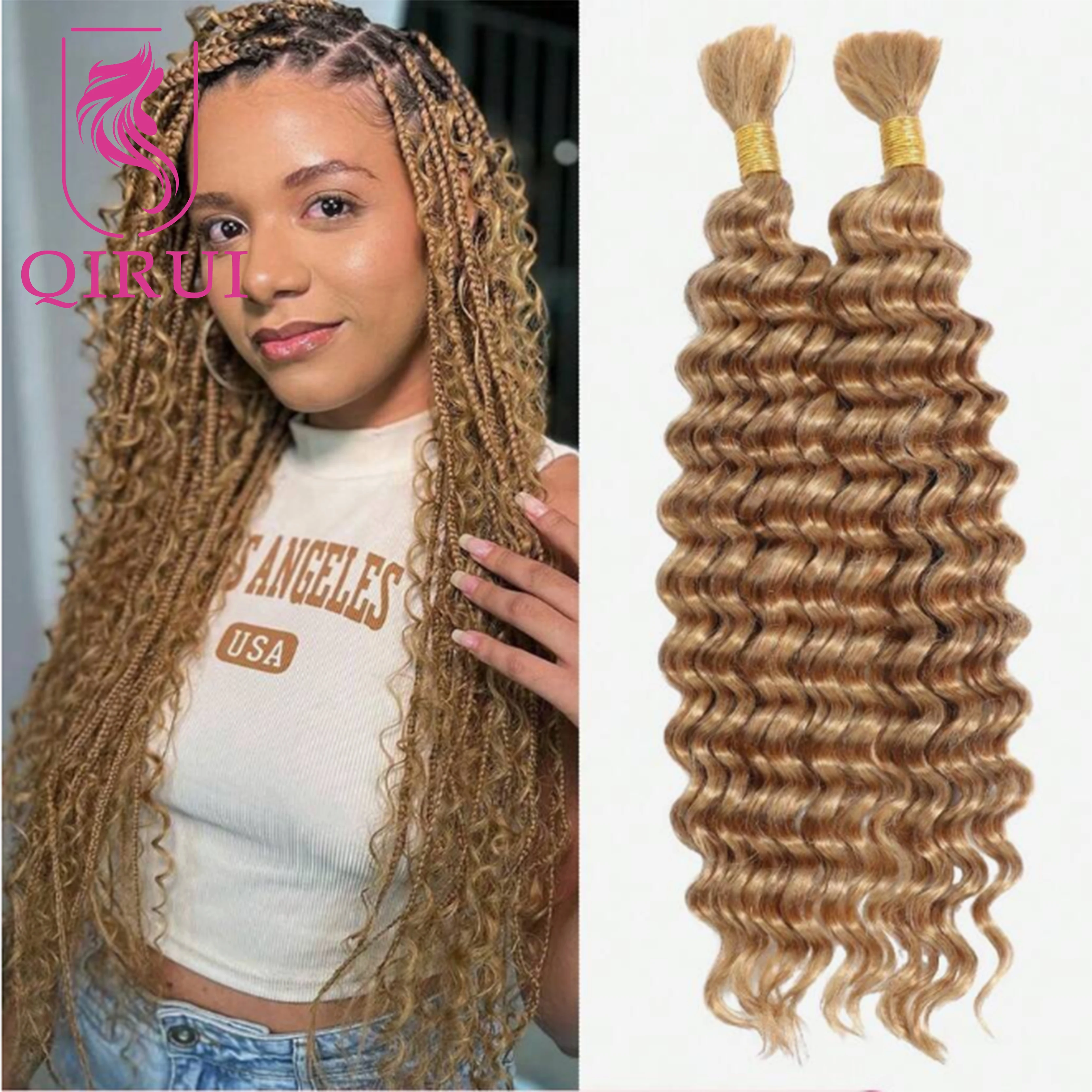 Bulk Human Hair For Braiding Deep Wave Color #27 Double Drawn Knotless Hair Extensions Crochet Boho Box Braids Hair No Weft