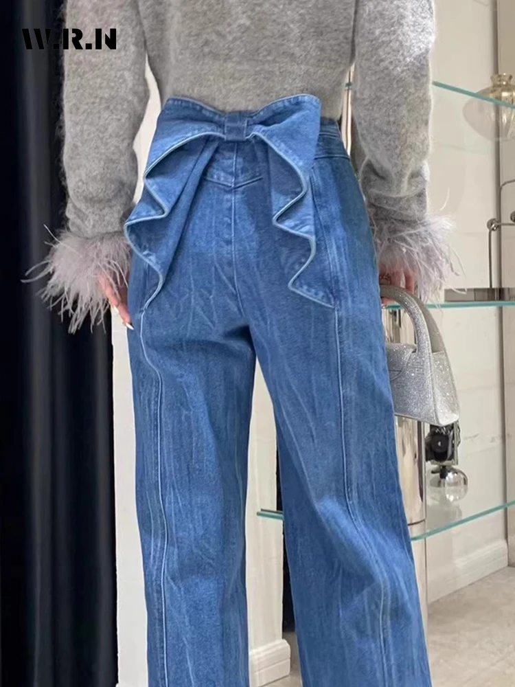 

Y2K Women's High Waist Flare Denim Jeans With Big Bow Ruffles Design 2000s Sweetheart Stylish Female Slim Fit Casual Trousers