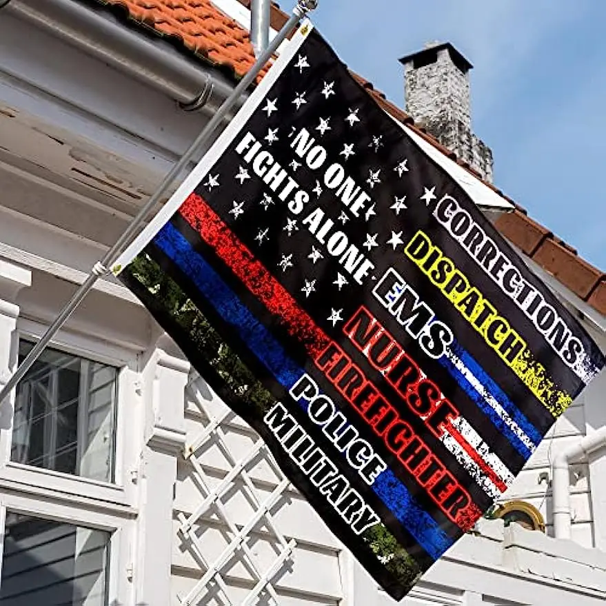 لا أحد يحارب بمفردك العلم الأمريكي العلم الأمريكي المستجيب الأول متعدد رقيقة خط النحاس الحلقات في الهواء الطلق راية الديكور 90X150cm #3