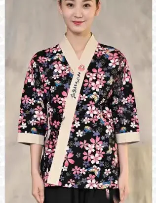 Flores de cerezo cocina japonesa Sushi Chef uniforme mujer restaurante camisa trabajo Kimono primavera