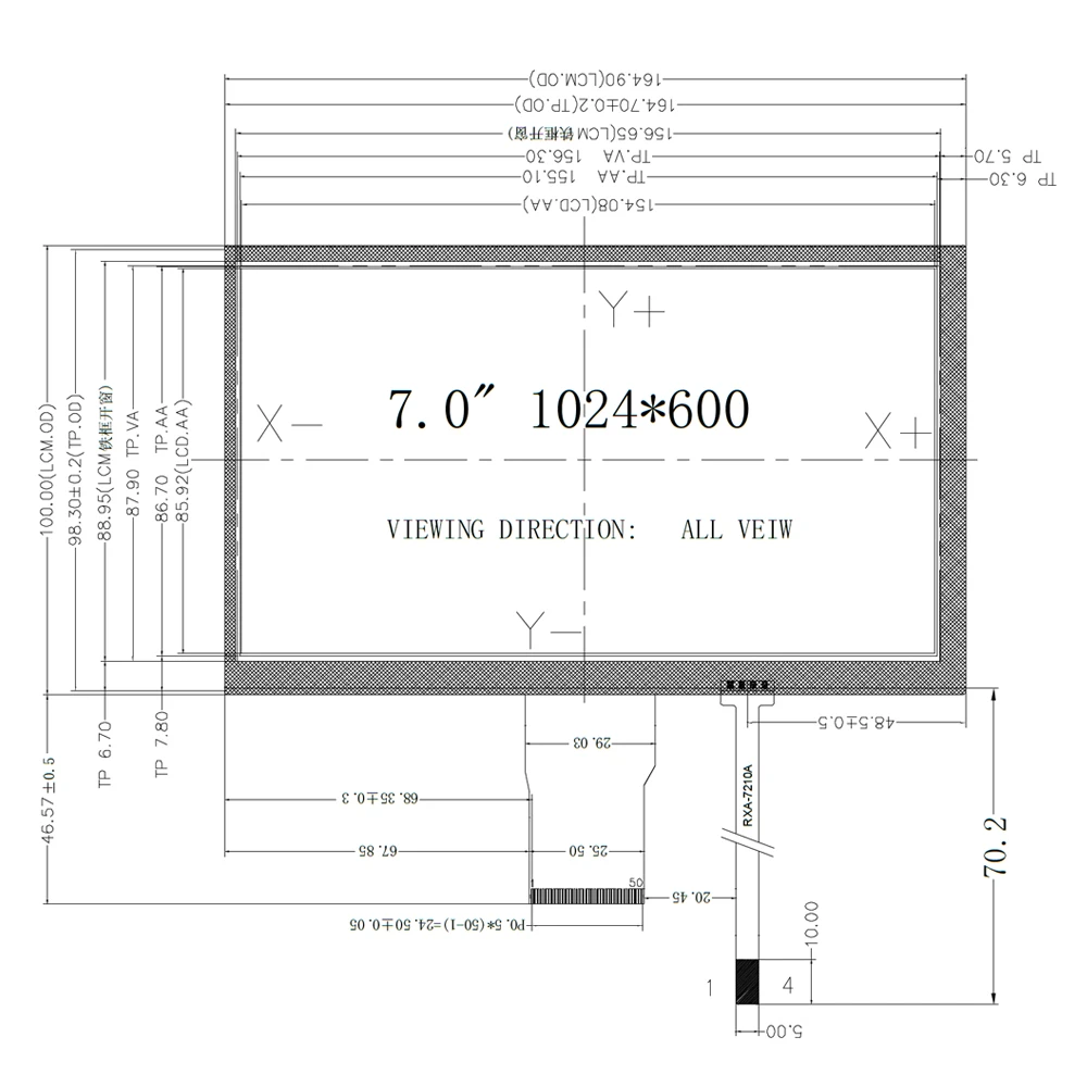 500 módulos de exibição TFT de luminância 1024*600 IPS ângulo de visão completo tela de toque capacitiva de 7 polegadas e 10,1 polegadas