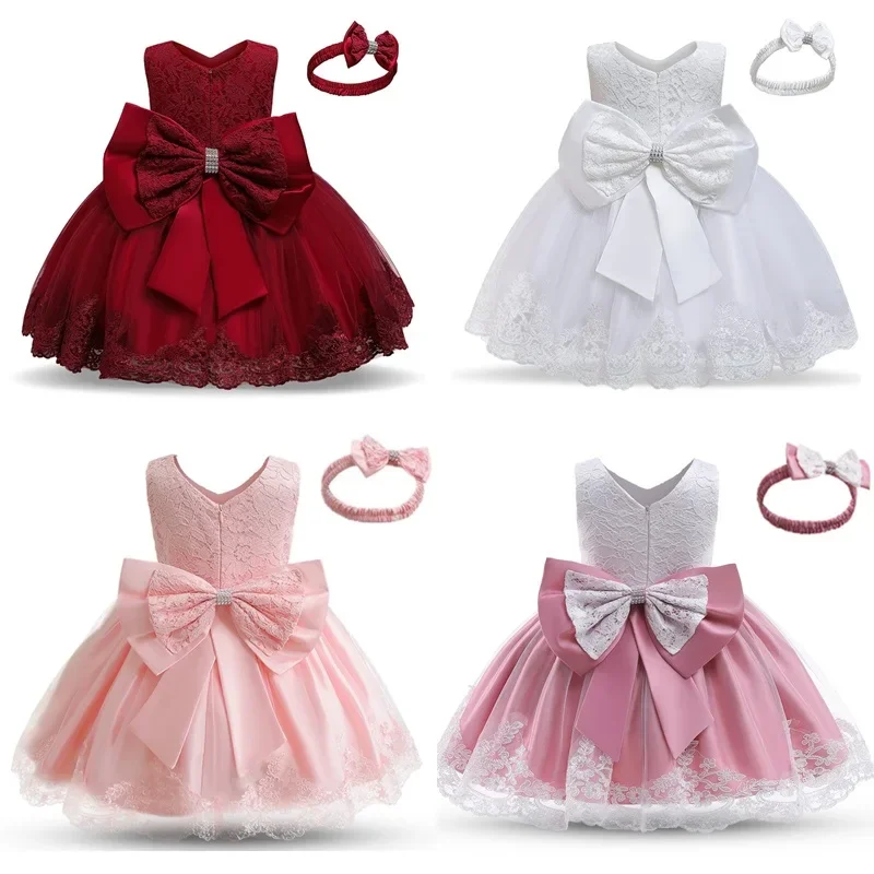 

2024 New Baby Girl 1st Birthday Christening Dress Princess Wedding Bow Summer Dress For Girl 1-5Y Girls Dress Lace Tutu Vestidos