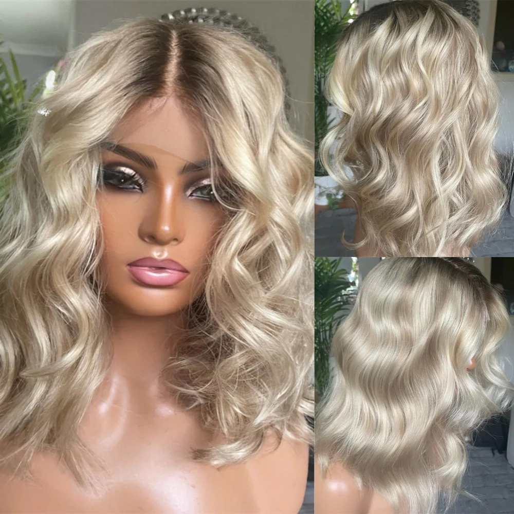 

Парик омбре платиновый блонд с прозрачной HD-основой для белых женщин, короткий волнистый, из термостойкого волокна, с центральным пробором