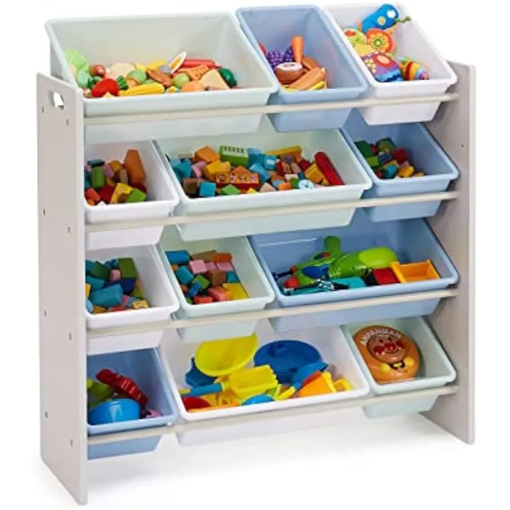 

Basics Kids Toy Storage Organizer with 12 Plastic Bins, Grey Wood with Blue Bins storage storage containers