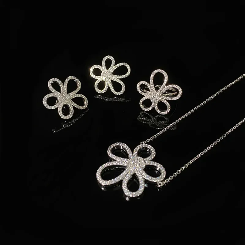 MDL Moissanit1 StyleLittle Red Book Sunflower Necklace Flower Petal Micro Set Full Diamonds Open Ring Earrings