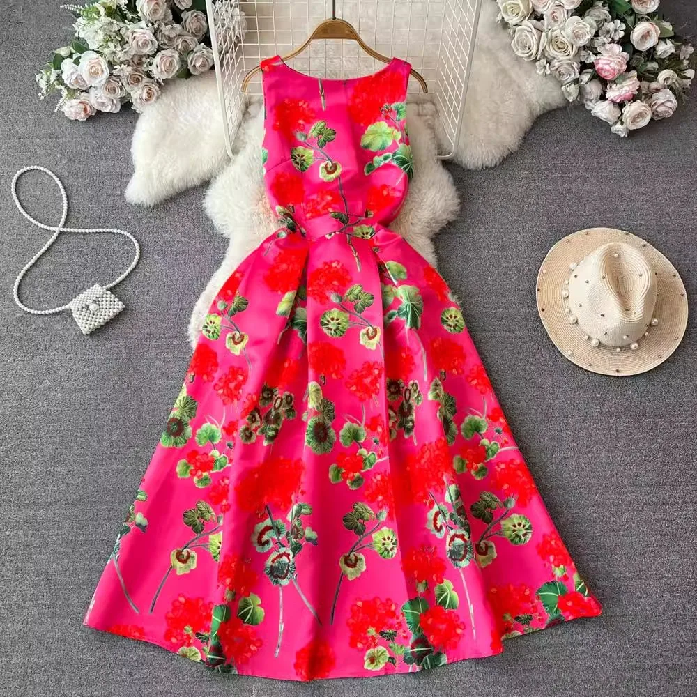 Luxury Designer Fashion Flower Print Vintage Spring Summer Elegant A Line Party Women Birthday Dinner Holiday Dresses