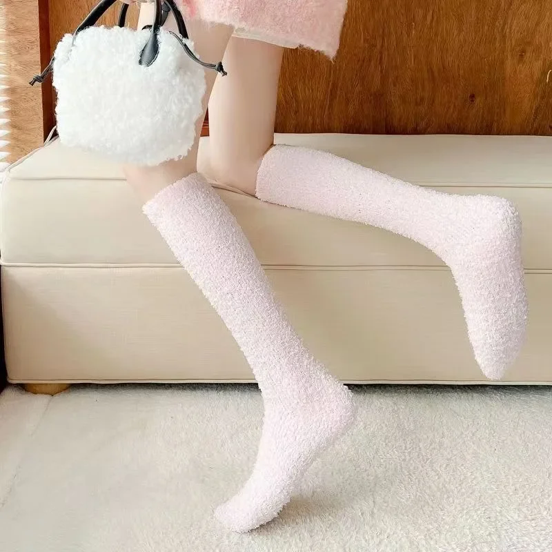 4pair Winter Warm Coral Fleece Over-knee High Socks Women Plush Lolita Home Sleep Floor Long Socking Soft Coral Fleece Stockings