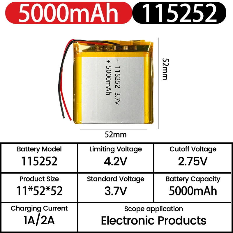 

115252 3.7V 5000mAh Battery Lipo Polymer Lithium Ion Rechargeable Batteries +PCB Protection Board PH2.0 for Power Bank