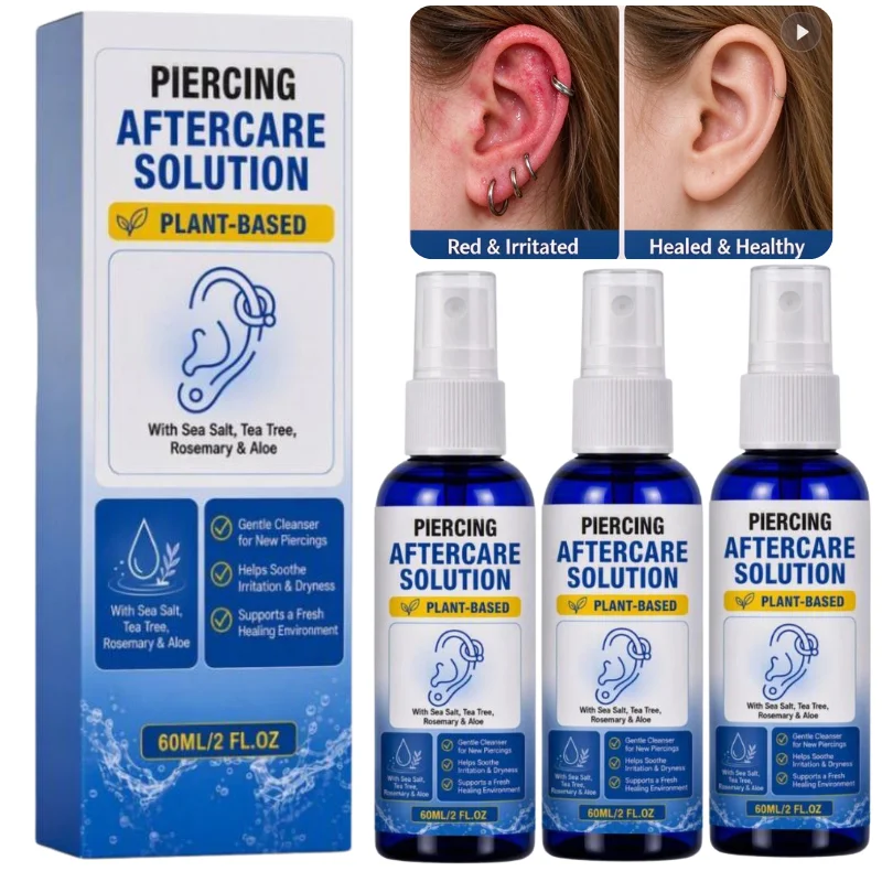 Plant Extract Sea Salt Piercing Aftercare Spray Gentle Soothing Cleanser for Ear Nose Belly Button New Piercing Treatment 60ml
