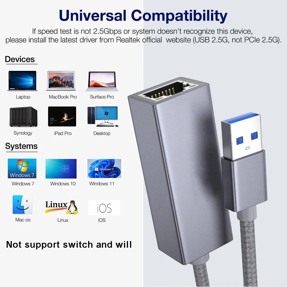 Type C USB Ethernet Adapter 2500Mbps High-speed External Network Card USB 3.0 to RJ45 Lan Adapter For MacBook PC Mac Free Driver