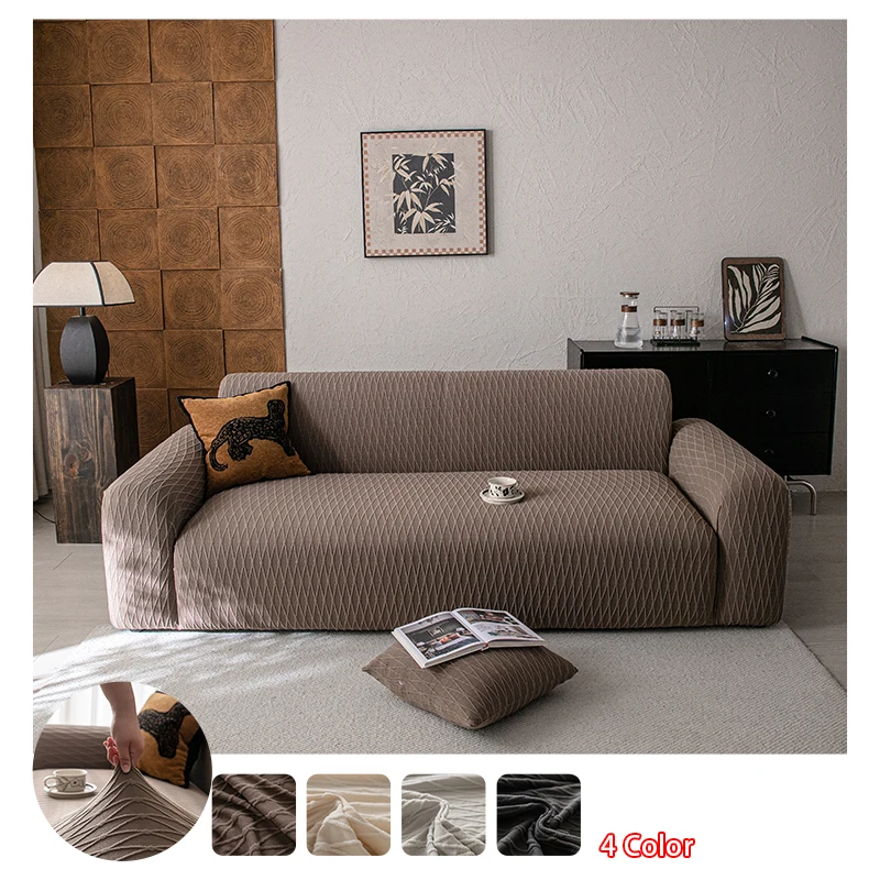 1PC Rhombus Jacquard Stretch Sofa Slipcover Full Wrap Couch Cover Anti‑Cat Scratch Furniture Protector Removable Washable