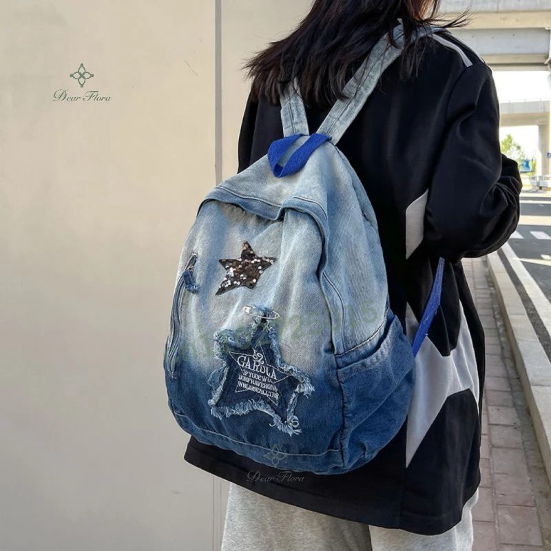 Y2K Korean Casual Denim Backpack Fashion Star Pattern Large Capacity Student Schoolbag Teenagers Punk Travel Vintage Book Bag