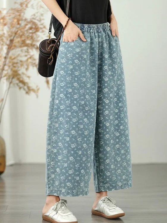 

Waed Denim Jeans High Waist Elastic Waist Casual Pants Vertical ket All-Match Slimming Nine-Piece Women's plus Size