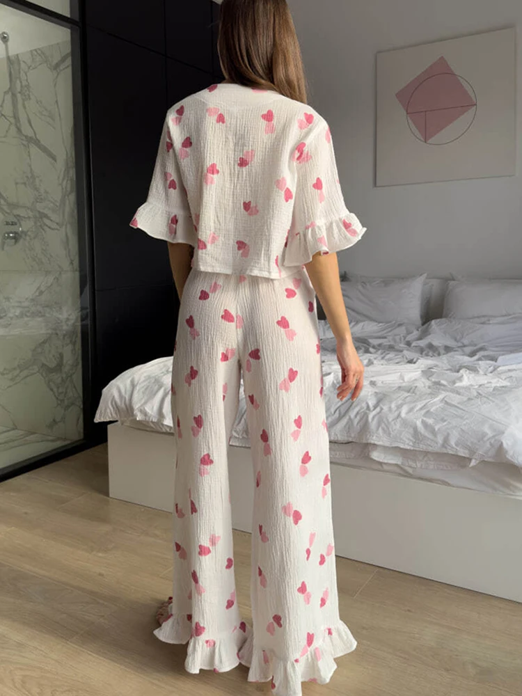 Linad Cotton Women\'s Home Clothes 2 Piece Sets Print Short Sleeve Sleepwear Ruffle Female Trouser Suits Summer Casual Pajamas