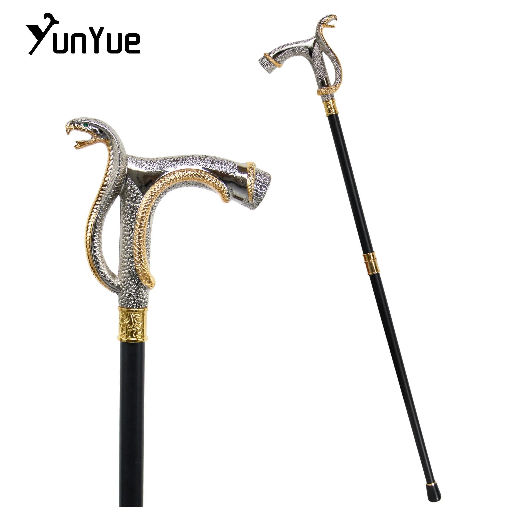 

White Gold Snake Head Fashion Gift Metals Walking Stick Art Decorative Walking Cane Gentleman Elegant Crutches Cosplay Film Prop