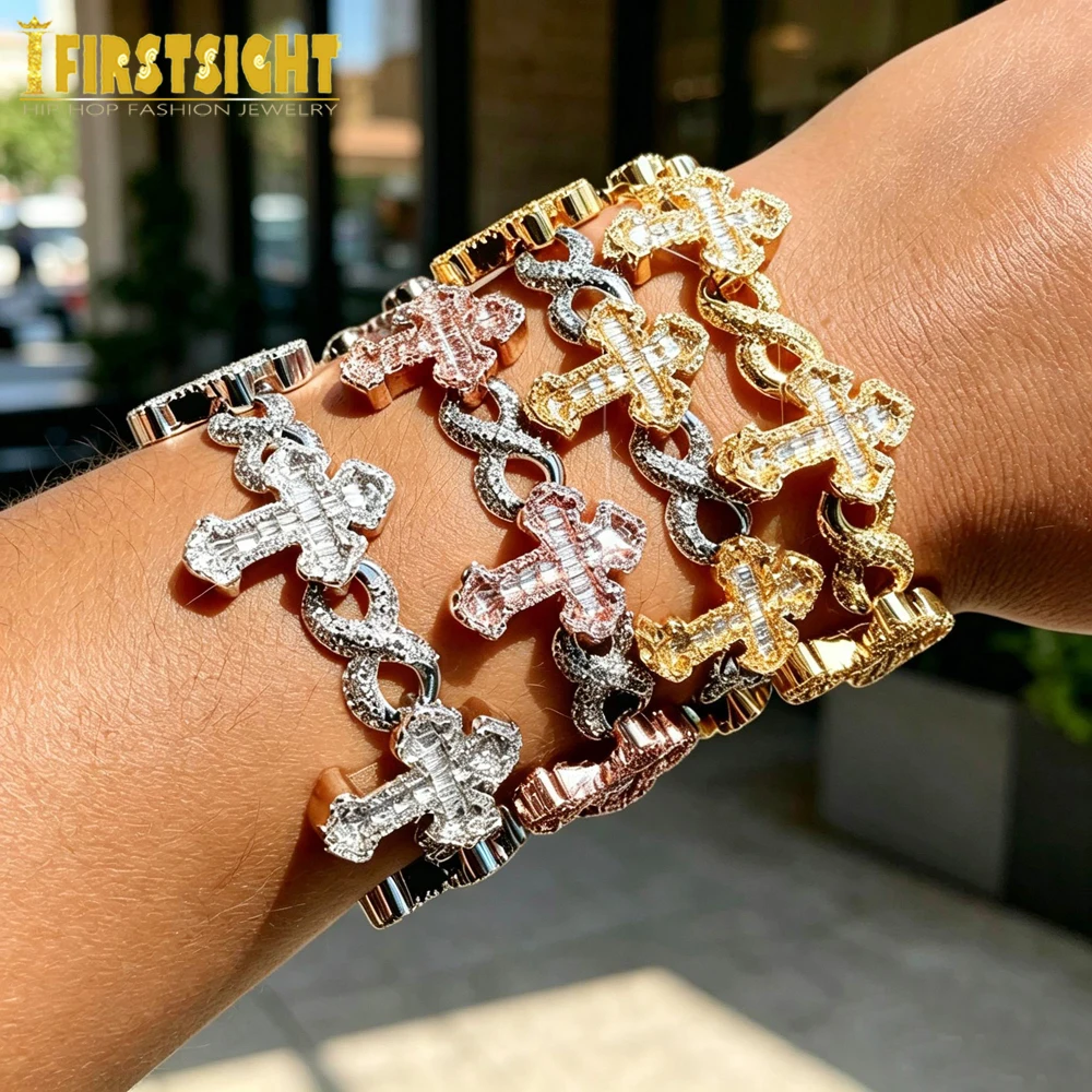 New Iced Out Infinity Cross Bracelet for Men Women Two Tone Bling Cubic Zirconia Cuban Chain Charm Bangle Hip Hop Jewelry