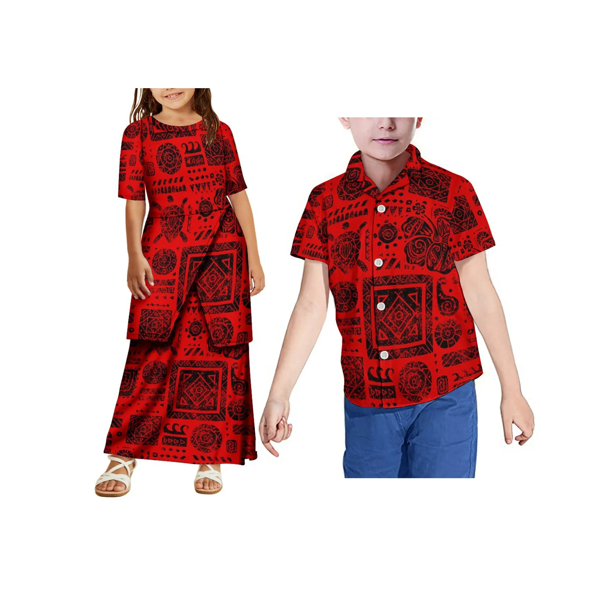 2025 melhor preço atacado polinésia tribal meninas vestido impressão tonga puletasi conjunto crianças conjunto de duas peças