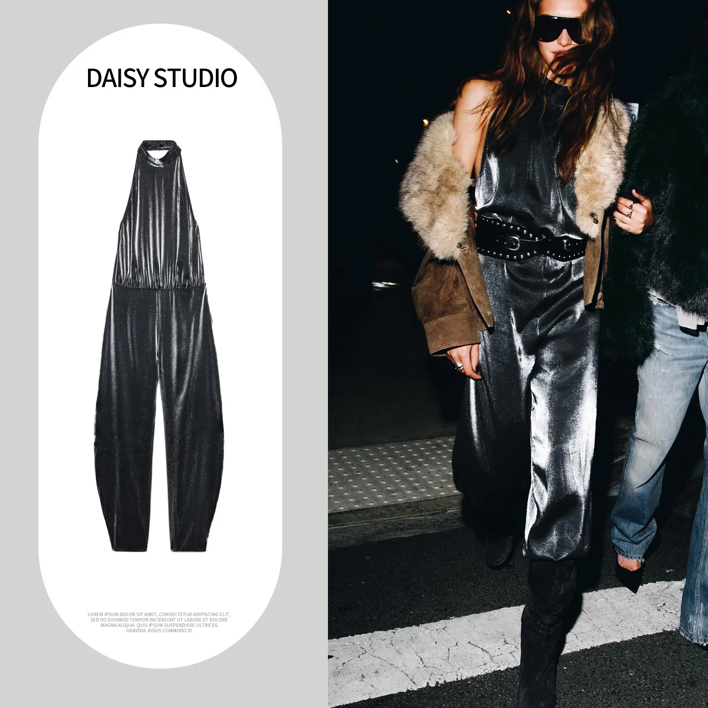 

Winter New Women's Sleeveless Neck Hanging Long One-Piece Pants Full Skirt Design Street Style mid Waist Straight Leg Polyest...