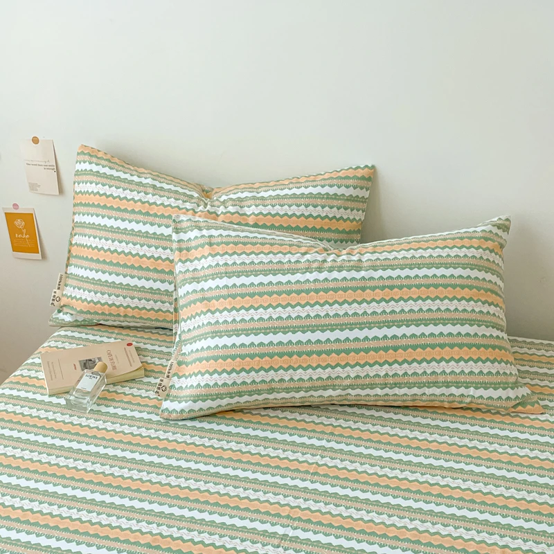 Pure Cotton Sleeping Pillowcase, Single Neck Pillows, Green Stripe, Brushed Cotton Pillowcase, Grid,Home Bedding, 48x74cm