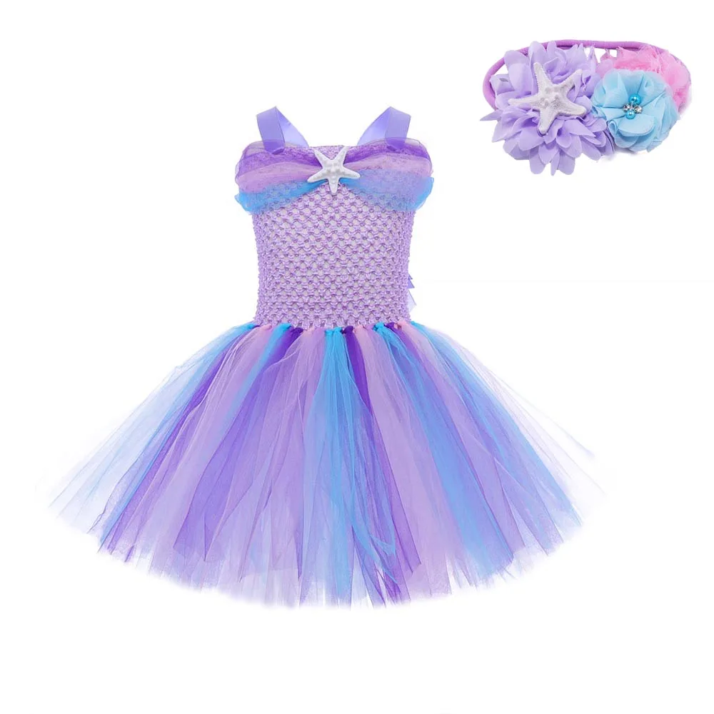 Princess Girl Little Mermaid Costume Tutu Dress Baby Birthday Party Kids Summer Clothing Girl Tulle Dresses Children Beach Dress