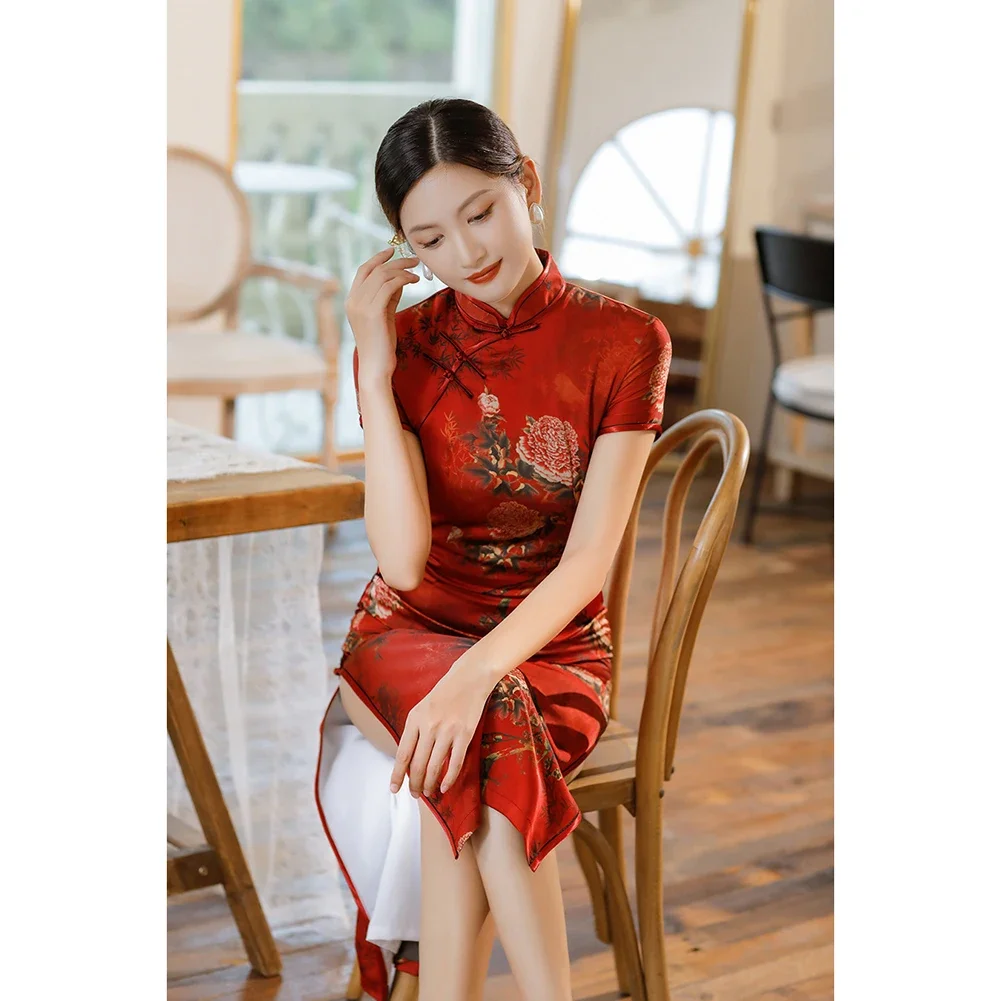 Vestuário de desempenho estilo chinês cheongsam banquete desempenho 2xl tecido fino durante toda a temporada usar padrão floral