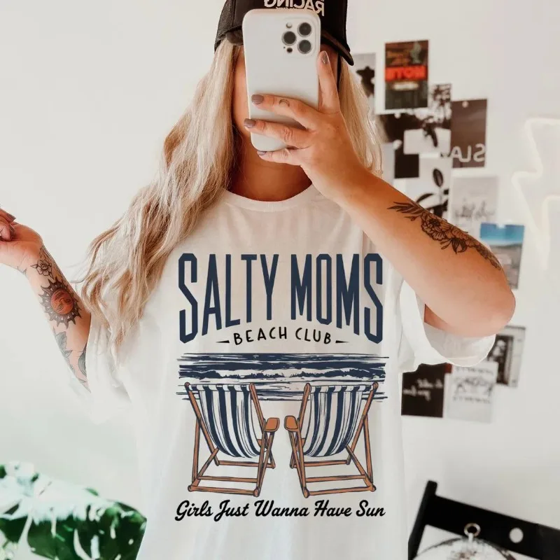 

Salty Moms Beach Club T Shirt Women Girls Just Wanna Have Sun Graphic Tee Summer Vacation Casual Short Sleeve Top S-3XL