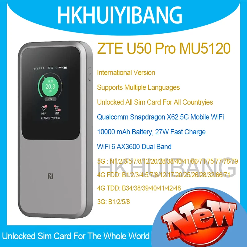 ZTE 5G Pocket WiFi 6 Pro Max U50 Pro MU5120 Dual Band 10000mAh 5G 4G Hotspot Sim Card LTE Cat22 Mobile WiFi Router