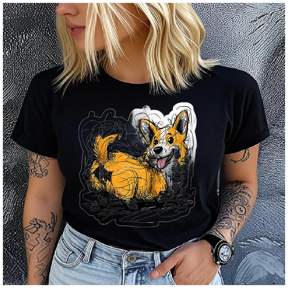 men Women's Cotton 100% The lively Corgi Print T-shirt Loose round Neck Casual Short Sleeve Fashion Top  Clothing Summer
