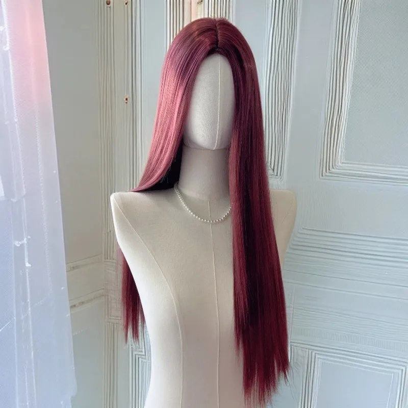 التوت الأحمر متوسط واقعية طويل مستقيم الشعر رقيق الطبيعية الفرنسية نمط المرأة مجموعة شعر مستعار كامل اشراق شعر مستعار مجموعة رقيقة طويلة