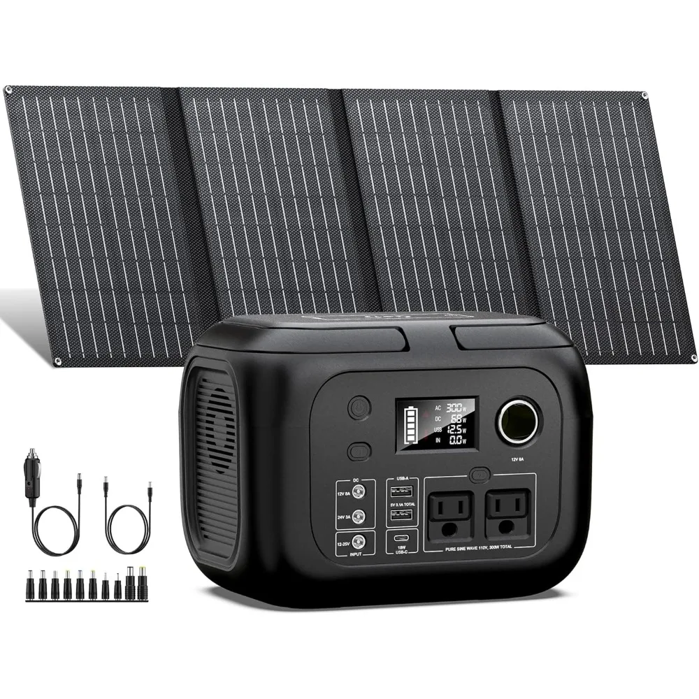 300W Portable Power Station with Solar Panel 40W, 260Wh Solar Generator, Solar Powered Generator with AC Outlet Wireless Charger