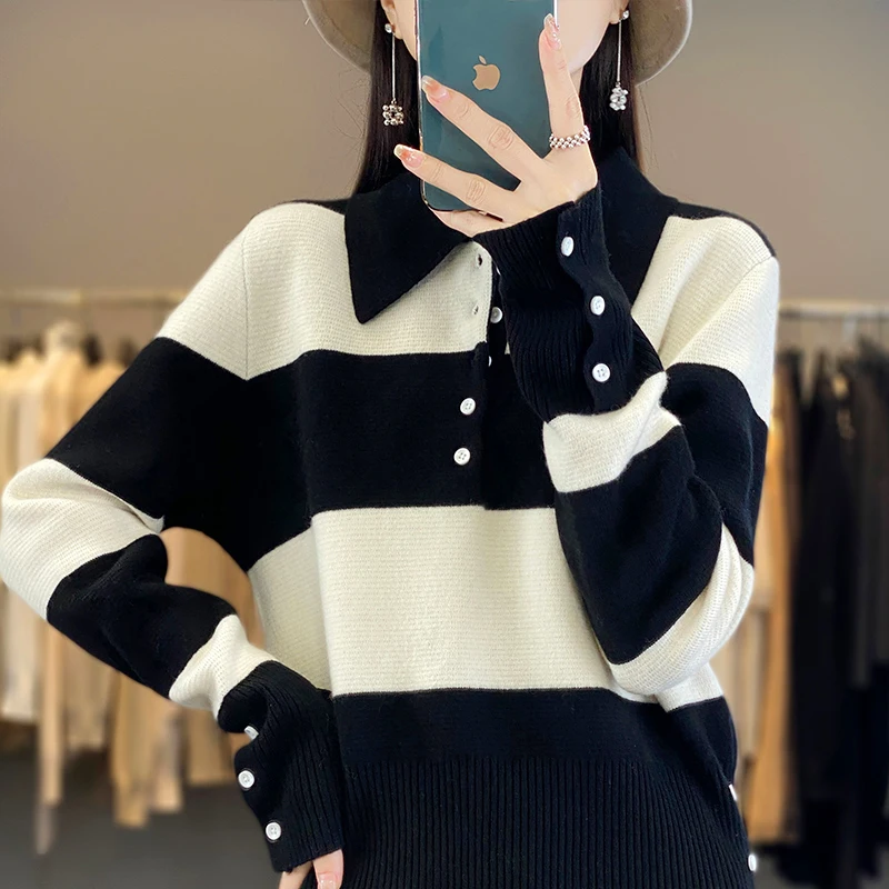 เสื้อสเวตเตอร์ไหมเมอริโนแท้ 100% สำหรับผู้หญิง แขนยาว คอโปโล แฟชั่นฤดูใบไม้ร่วงฤดูหนาว เสื้อผ้าแฟชั่นพื้นฐาน