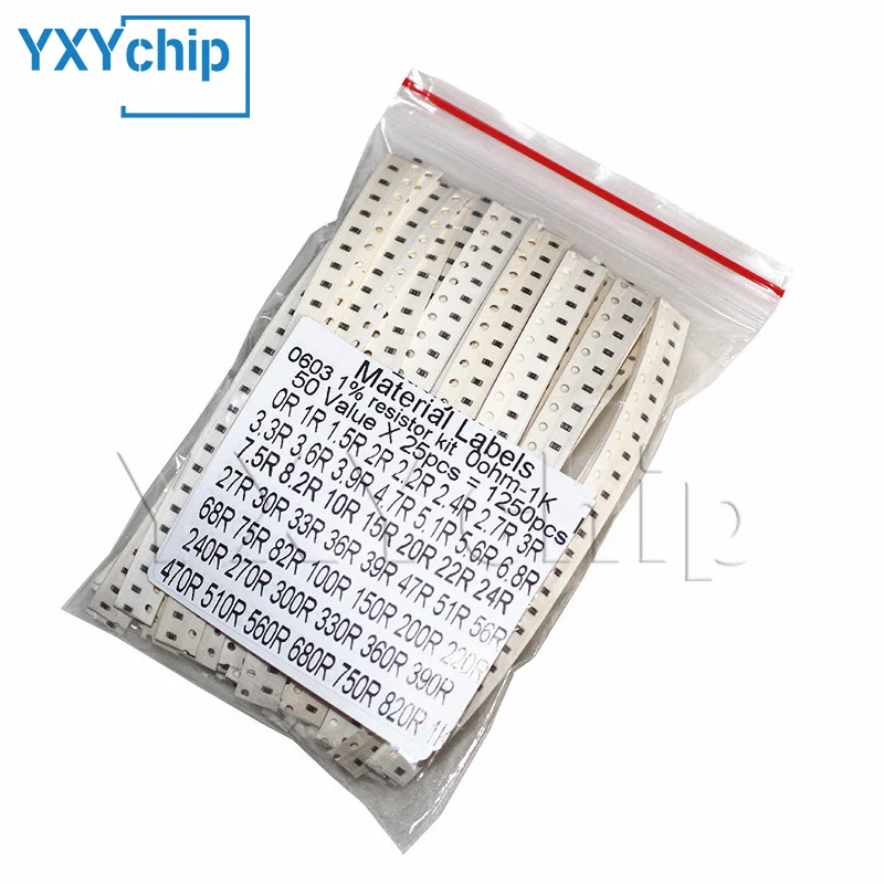 Resistor kit 0201 0402 0603 0805 1206 smd Resistor package 50values*25PCS=1250PCS 1% Sample Kit Resisor 1ohm 47ohm 1kohm 10kohm