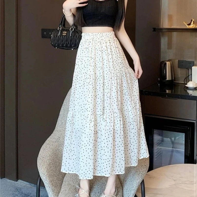Elastic Waist Polka Dot Loose Loose Casual A-Line Pleated Skirt Summer New Women Clothing Thin Fashion Midi Dress Korean Sweet
