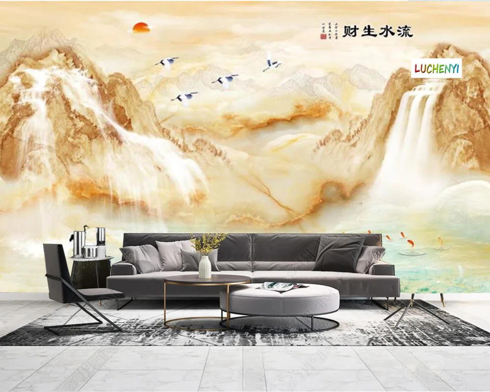 

Papel de parede generates wealth flowing water landscape painting living room hotel wallpaper mural, wallpaper home decoration