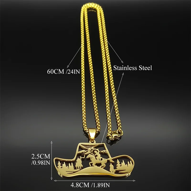 قبعة رعاة البقر الغربية شجرة قلادة للنساء الرجال قلادة فضية من الفولاذ المقاوم للصدأ اللون الجوف الحصان الحيوان الذكور سلسلة مجوهرات هدايا #6