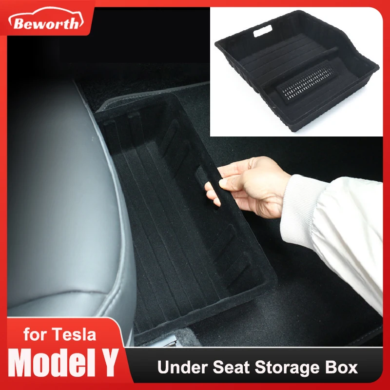 Car Under Seat Storage Box For Tesla Model Y Flocking Organizer Conjoined High Capacity Decoration Drawer with Air Outlet Cover