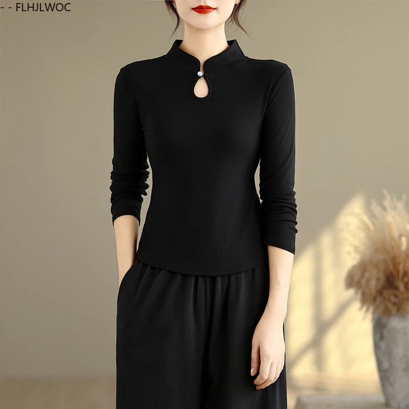 النمط الصيني تشي باو الوقوف طوق تصميم بلايز سوداء جديد 2025 الخريف الربيع النساء تاريخ الفتيات زر بلينغ قميص بلوزة خمر #2