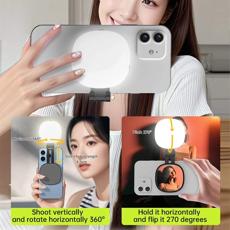QAML Rechargeable LED Magnetic Selfie Light with Mirror, 3 Adjustable Lighting Effects, Portable and Foldable Design.