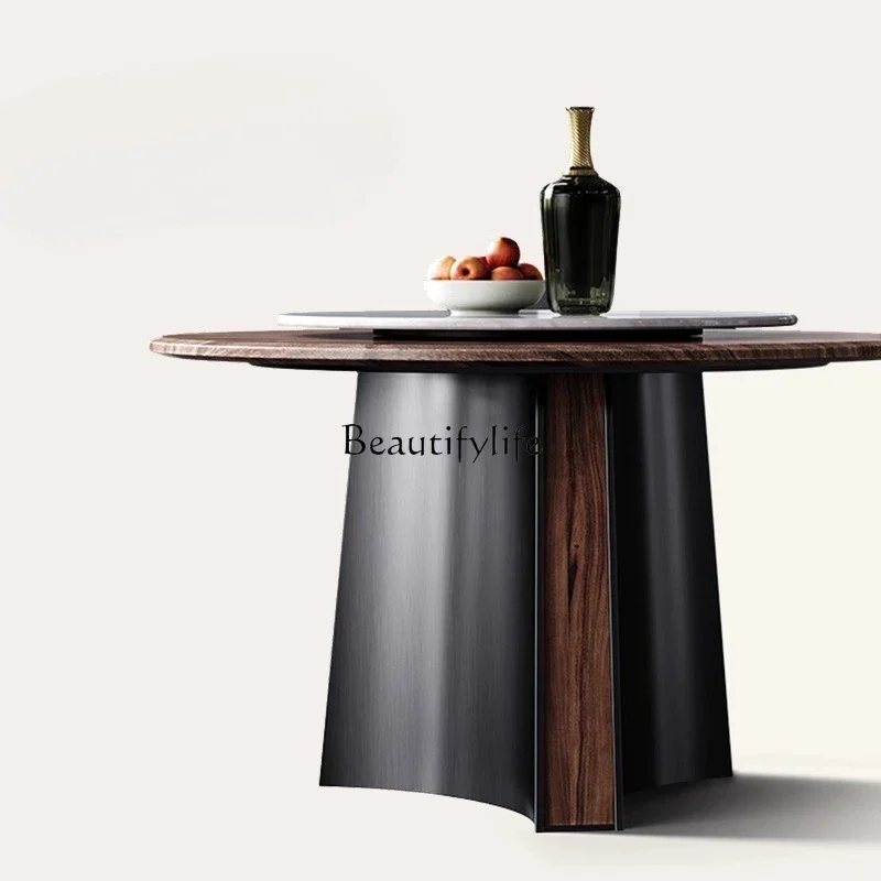 

FG17Italian Minimalist Natural Marble Dining Table Round Walnut Dining Table with Turntable