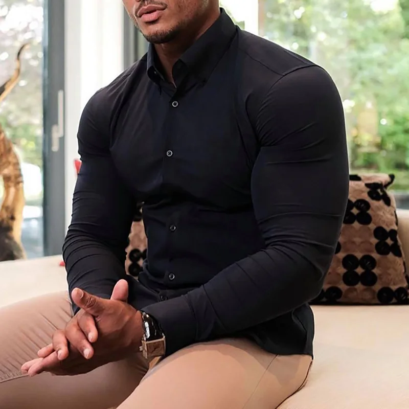 

Новая мужская крутая повседневная рубашка для тренировок, фитнеса, спорта с длинными рукавами, модная дышащая одежда, рубашка с длинным рукавом с отложным воротником